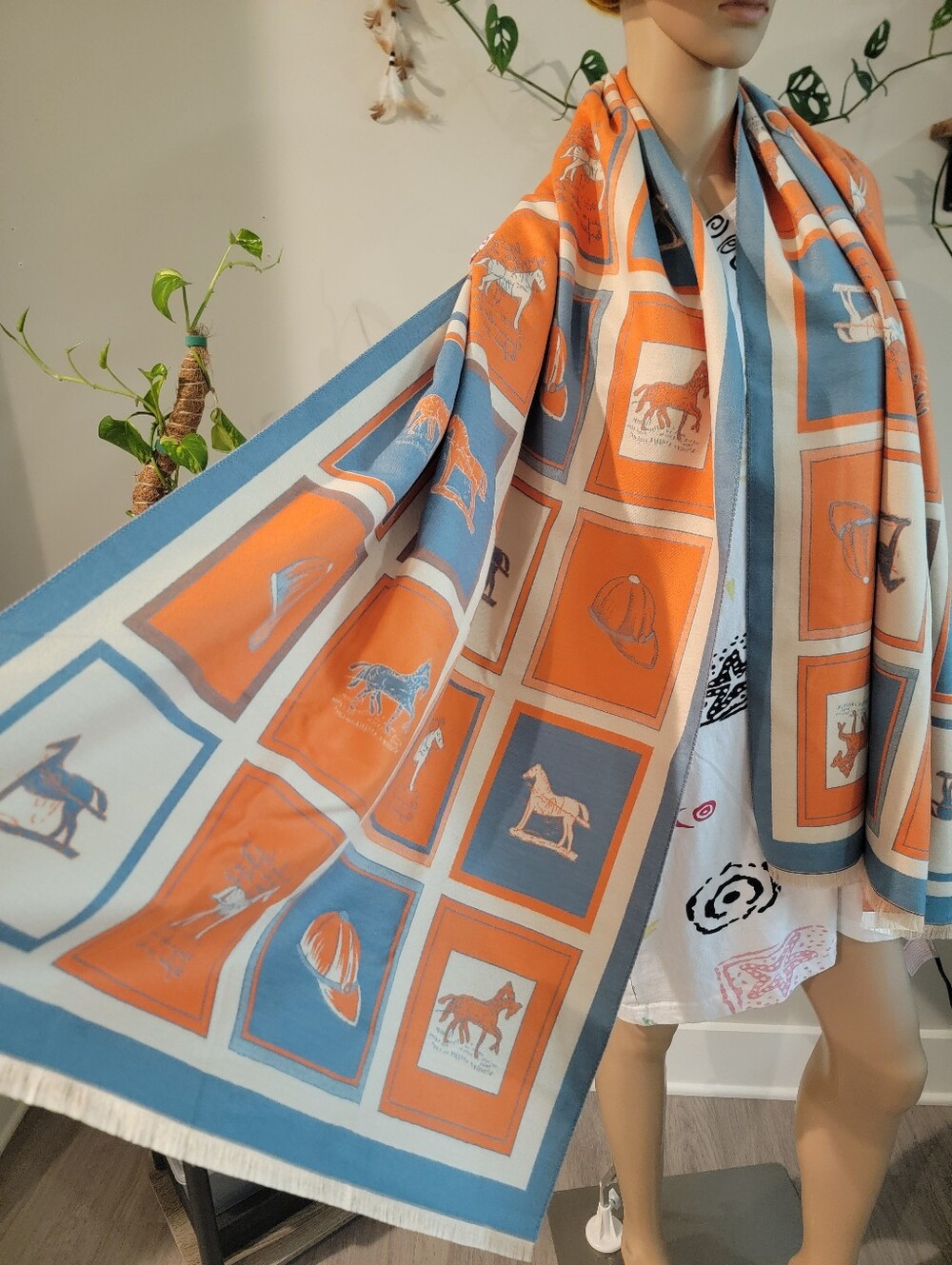 Elegant Equestrian Patterned Shawl Wrap Scarf Open Poncho Cape